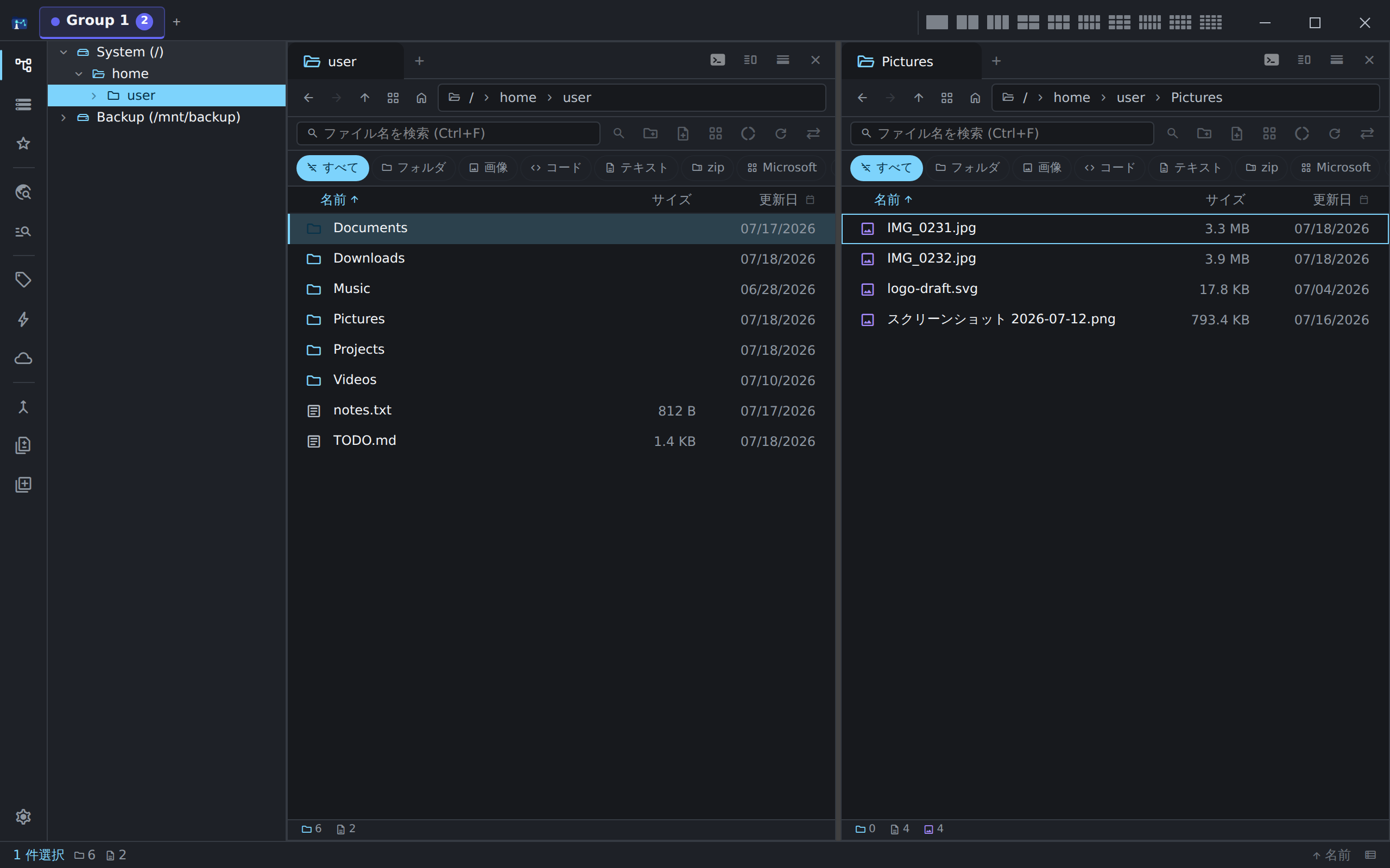 Screenshot of Shirube-Filer: dual-pane view with two folders side by side
